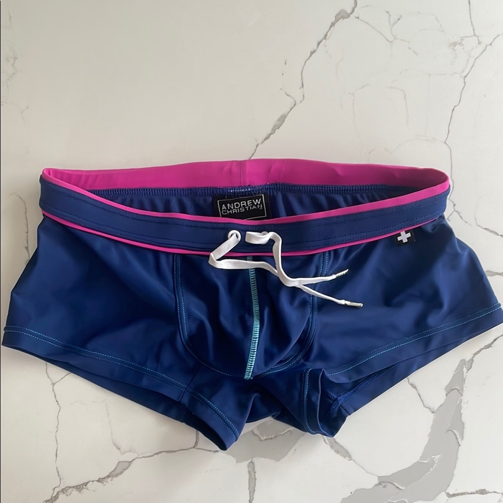 Andrew Christian Navy Swim Trunks with Pink Trim